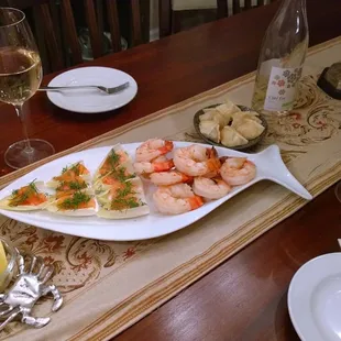 Smoked Salmon canapes &amp; jumbo shrimp cocktail (made at home, salmon/shrimp from Clean Catch); Crab Rangoon made at Clean Catch.
