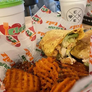 Buffalo chicken wrap and sweet potato fries