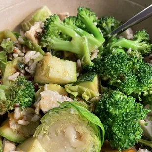 Bowl with quinoa, broccoli, brussel sprouts, zucchini, and chicken