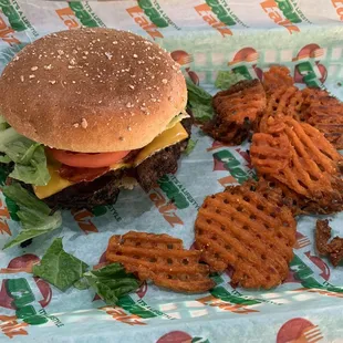 Black bean burger with sweet potato fries
