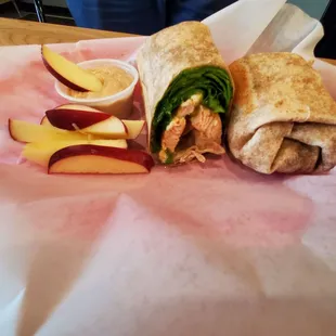 Buffalo chicken wrap with apples and PB on the side. Don&apos;t sleep on the PB...it&apos;s whipped with yogurt and honey. Amazing.