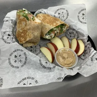 Buffalo chicken wrap with apples and PB dip!