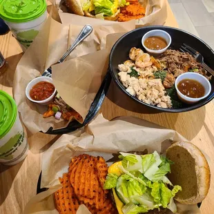 Bison burger,  nachos, all meat bowl,  black bean burger