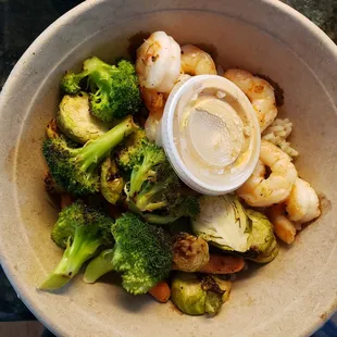 Rice with shrimp, broccoli, brussels, baby carrots and chipotle sauce.  Small.