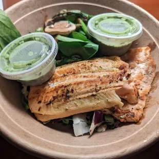 Large Salmon Bowl with Superfood salad, spinach, mushrooms, asparagus AND Goddess sauce!