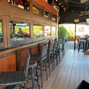 a row of chairs at a bar