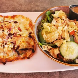 $10 lunch special with half salad (Thai) and half (Greek chicken) Flatbread.