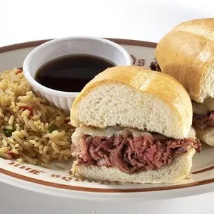 Close up Prime Rib Dip Sandwich