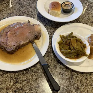 Prime Rib w/aus ju, Stewed green beans, mashed potatoes and gravy. Thanksgiving dinner