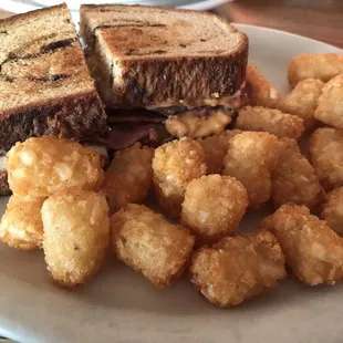 Corned Beef Reuben with tater tots