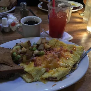 ham n cheese omelette. o brien taters, toast, bloody