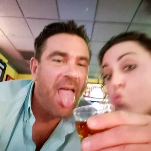 Fireball shots at Clears, food is good and reasonable $$ and the bartender is sexy af