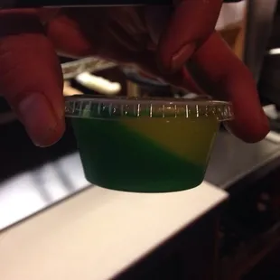 For the Duck games a sour apple lemon drop Jell-O shot