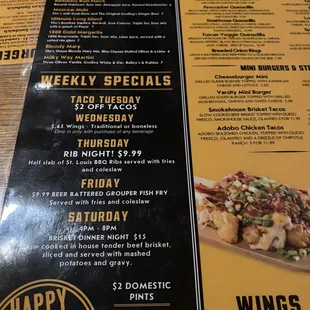 the menu of a restaurant