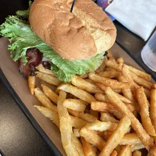 Bacon cheeseburger and fries
