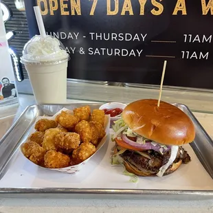 Got Goat?, tater tots, and Creme Brulee shake