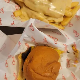 The OKlahoma smash burger with cheese fries.