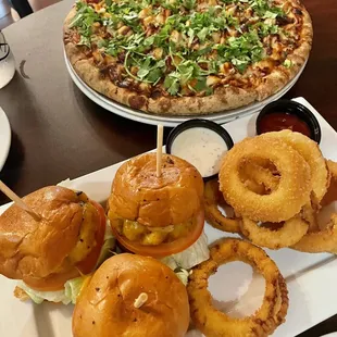 BBQ chicken pizza, wagyu sliders, and onion rings