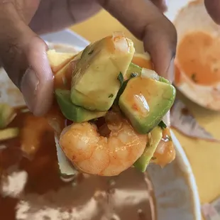 Shrimp CEVICHE! It&apos;s loaded with avacados you can ask for more. They have small, medium, large bowls.  Freshly shrimps.