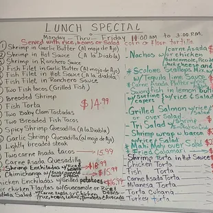 Menu for lunch special