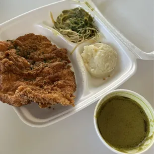 Panko Chicken Fried Chicken with poblano sauce, spaghetti, &amp; mash potatoes great portion!
