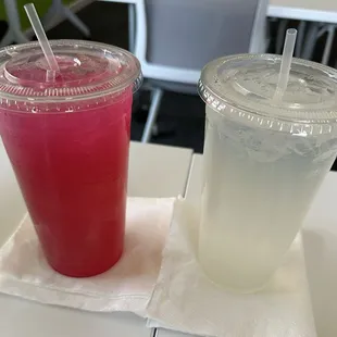 Right side: regular lemonade on the left dragon fruit pineapple lemonade. Deliciously good!