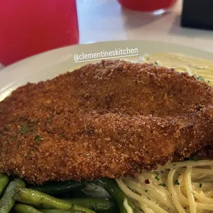 chicken schnitz and pasta