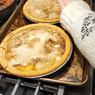 A picture of the pies. One was Peach the other was Apple.