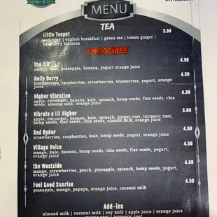 Tea and smoothie menu