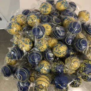 Blue and yellow cake pops for a Warriors themed BBQ