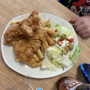 Chicken fingers and fries with salad