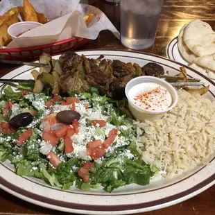 French fries, lamb kebabs, &amp; Pita Bread