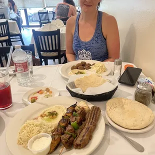 Kebab Sultani (foreground), Falafel Plate (background)
