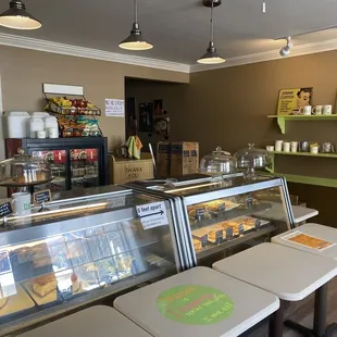 a counter with a variety of food items