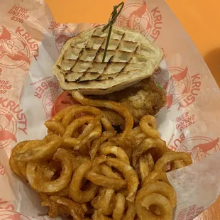 Chicken &amp; Waffle sandwich with curly fries