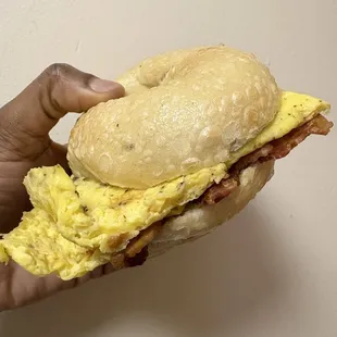 Saturday morning, 21 December 2024 -- Bacon and Egg sandwich ($7) without cheese on a plain bagel (price is $8 with cheese)