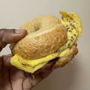 Bacon and Egg sandwich ($7) without cheese on a plain bagel -- on Saturday morning, 21 December 2024
