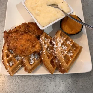 Chicken and waffles with grits