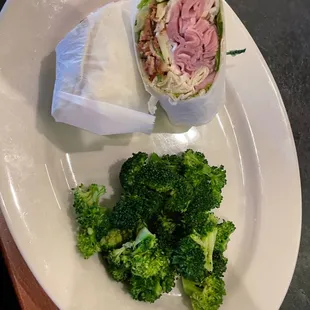 Turkey club wrap with broccoli