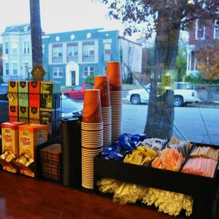 a display of coffee and snacks