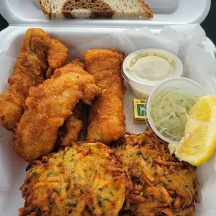Four piece beer battered haddock with potato pancakes