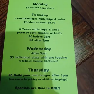 Weekly specials