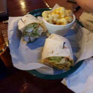 Buffalo chicken wrap with mac and cheese
