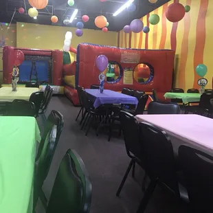 Obstacle courses and balloon arch.