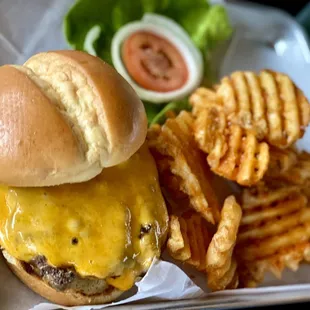 Classic Burger with Waffle Fries.
