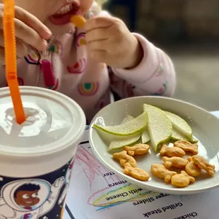 Complimentary pre-meal snack [pear and goldfish] for the kiddos.
