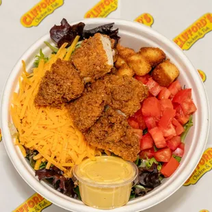 Chicken Salad,Cornbread Croutons,Cheddar Cheese,Tomatoes