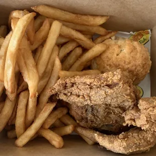 2 piece combo; Fried chicken breast &amp; wing with fries and biscuits