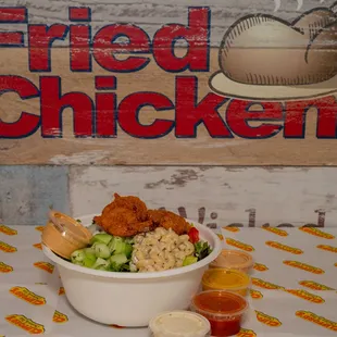 Chopped Salad -Cucumber, Tomatoes,Red Onion, Herbs,Macaroni -Choice of protein