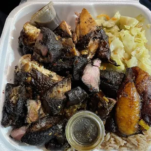 Jerk chicken and jerk pork